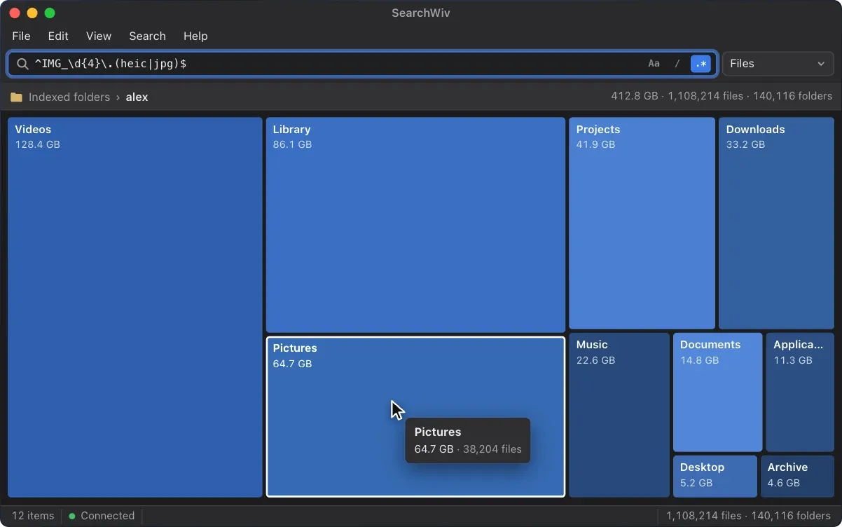 SearchWiv capacity map: a treemap of an indexed home folder with Videos, Library, Projects and other folders sized by disk use, and a tooltip for Pictures.