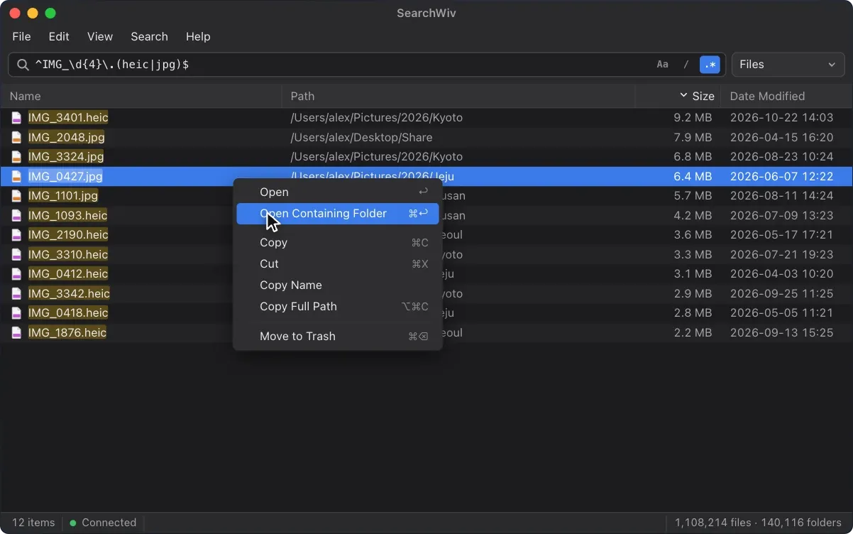 SearchWiv context menu on a photo: open, open containing folder, copy, cut, copy name, copy full path and move to trash.