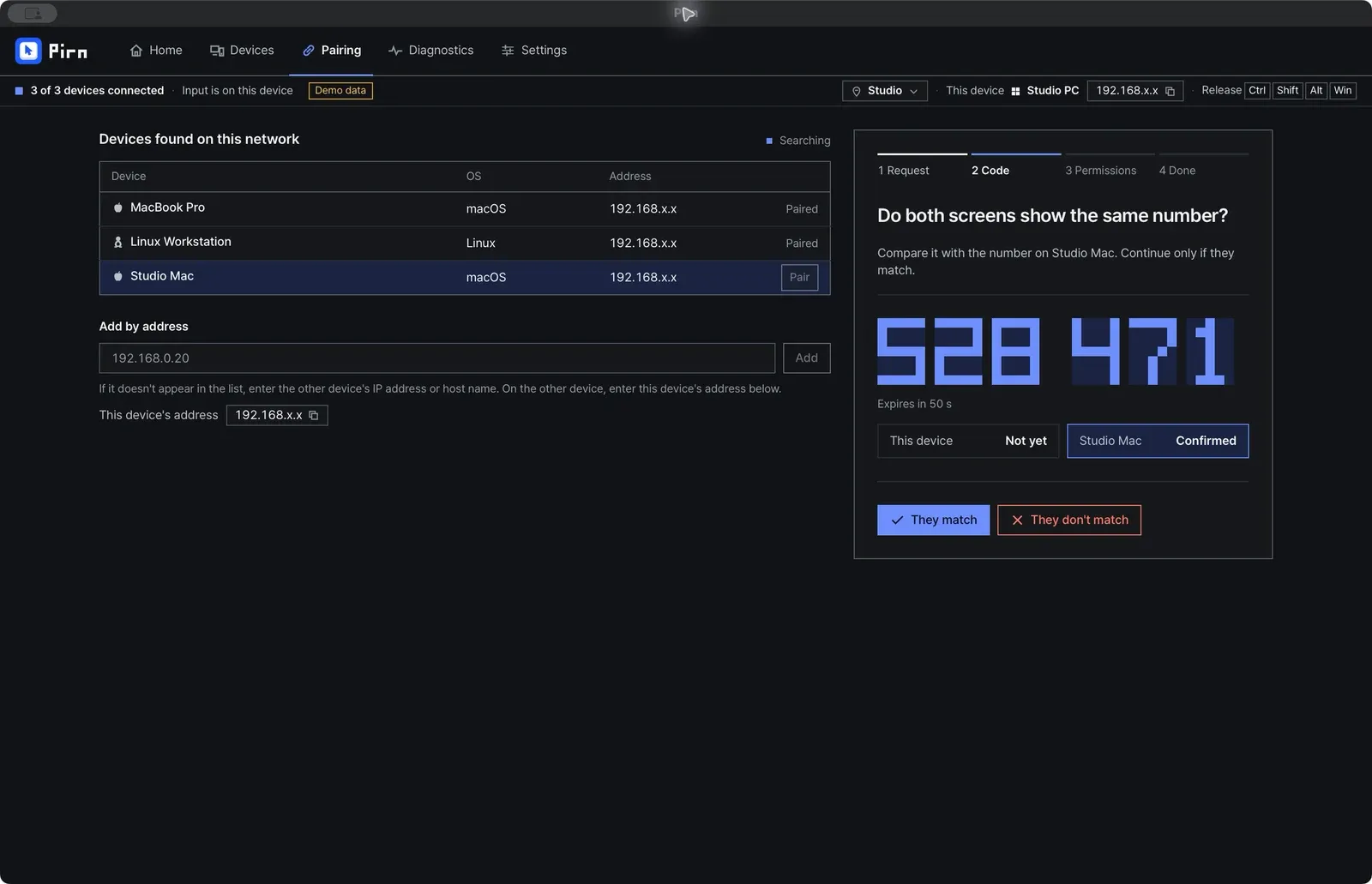 Pirn pairing step asking to compare the same six-digit code on both screens before pairing a new device.