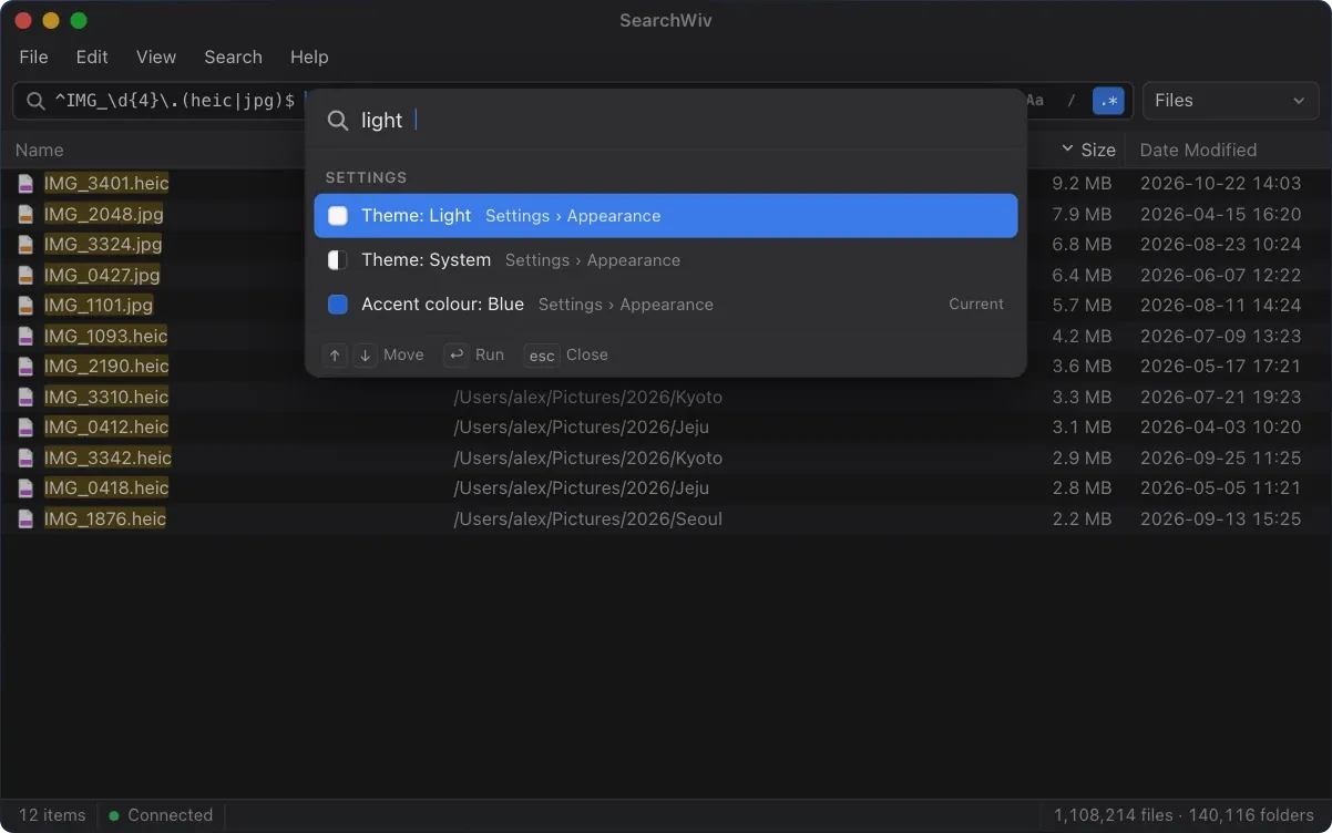 SearchWiv command palette searching settings for "light": theme and accent colour options under Settings, Appearance.