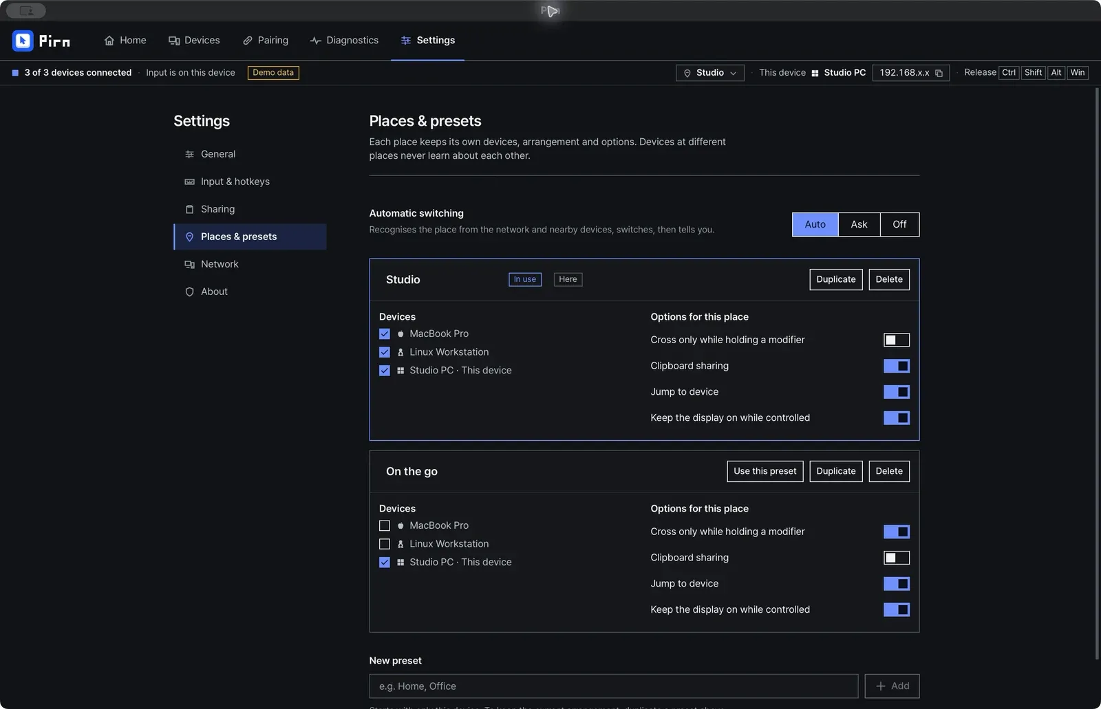 Pirn places and presets, each keeping its own devices and sharing options.