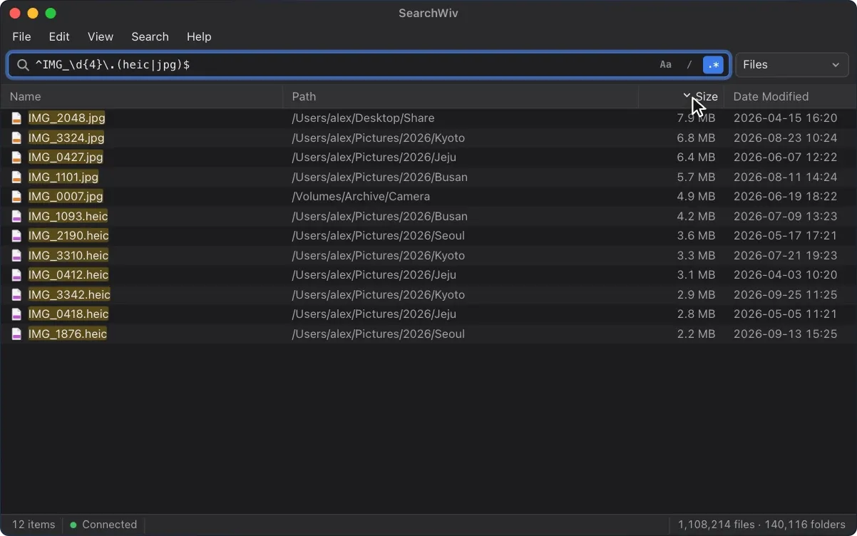 SearchWiv with a regular expression for camera photos, the regex option on, the Files filter selected and results sorted by size.