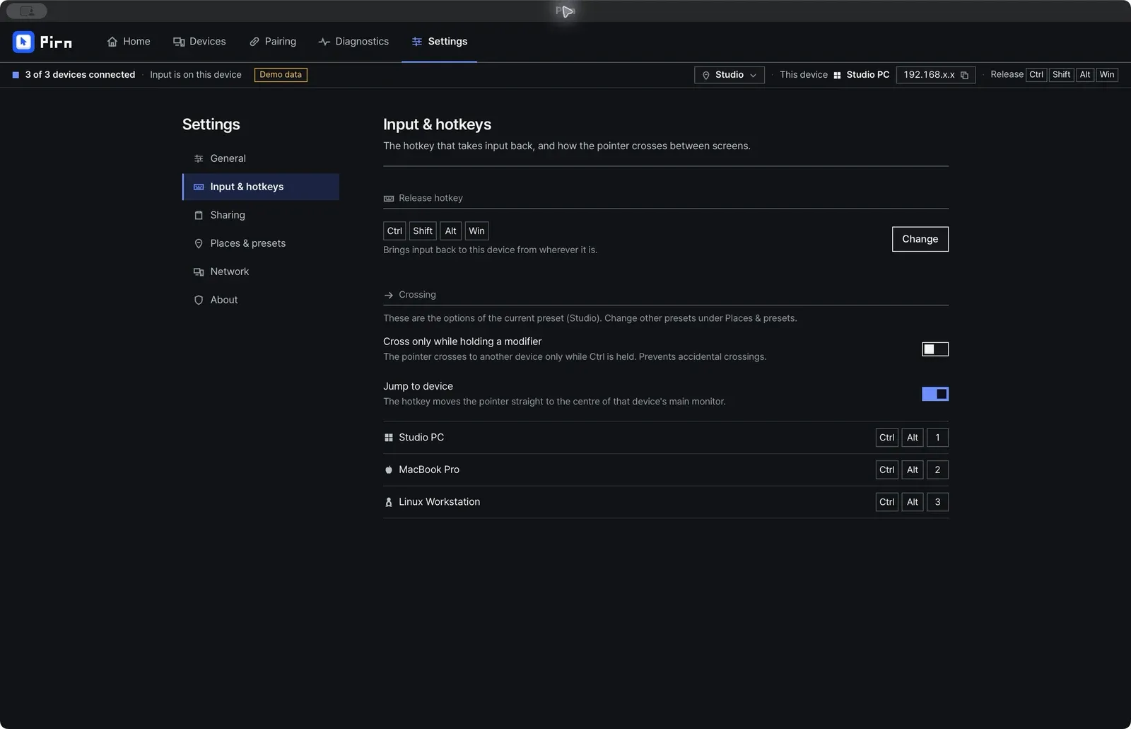 Pirn settings for the release hotkey, screen crossing and shortcuts that jump to each device.